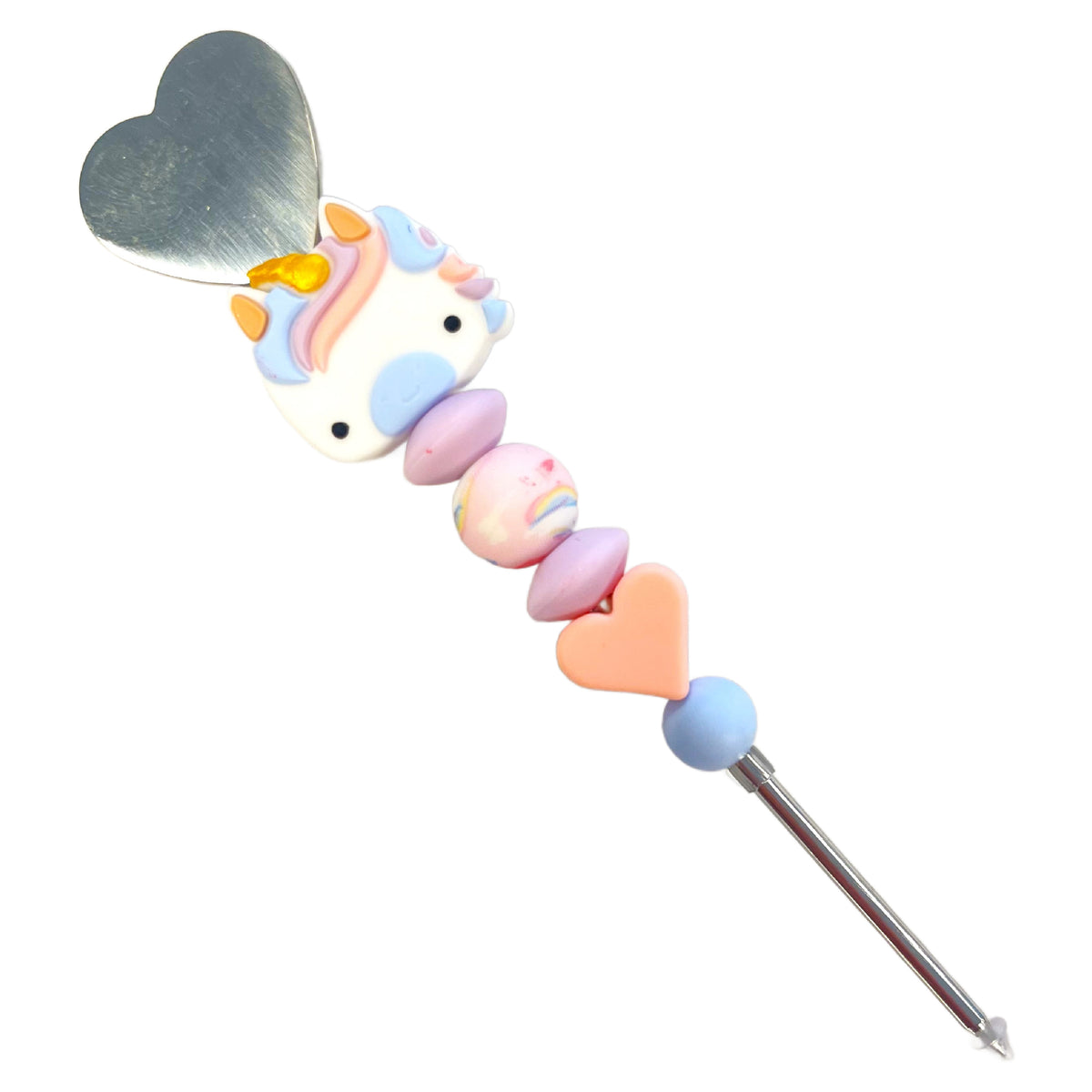 Unicorn at heart cookie scribe pastel skewer with metallic heart handle and beads in pink peach blue and rainbow swirls