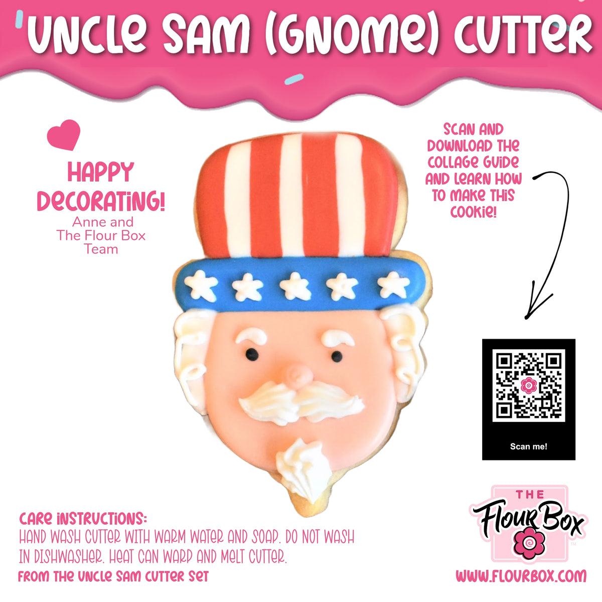Uncle sam gnome cookie cutter featuring a red and white striped hat with blue trim and white stars and a white beard