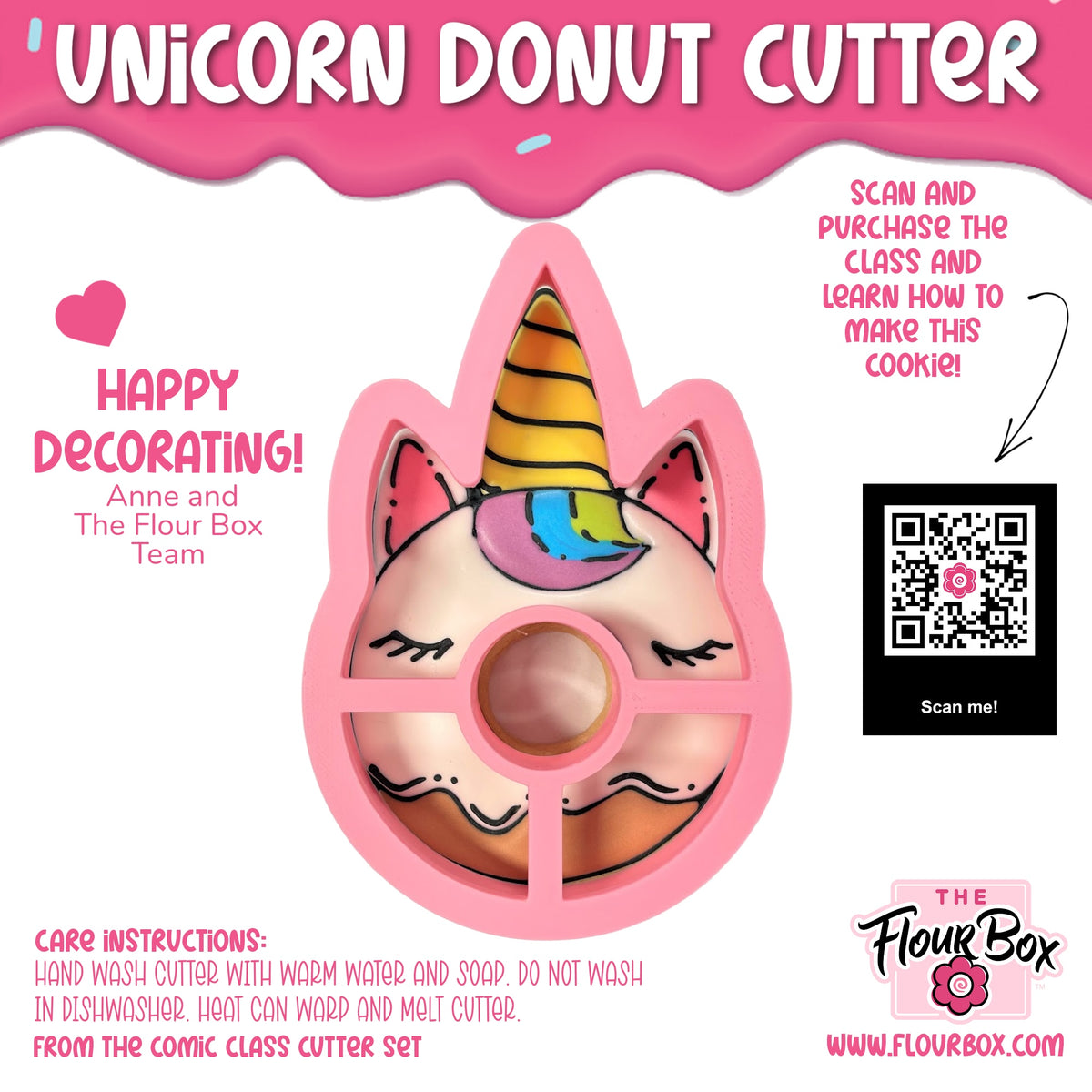 Pink unicorn donut cookie cutter with rainbow horn and closed eyes designed for baking and cookie shaping
