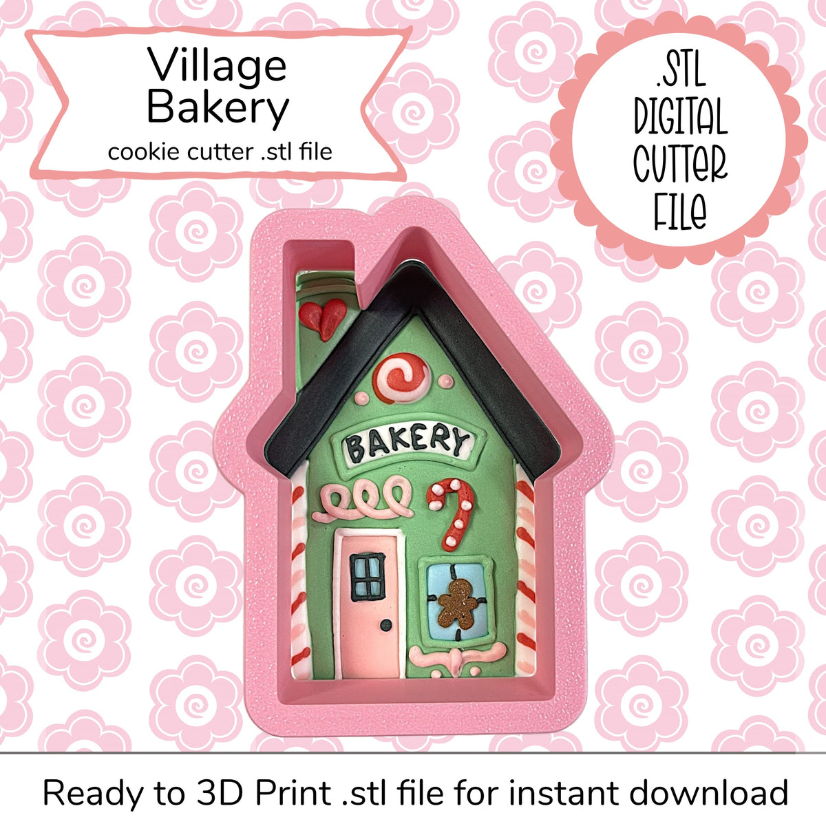A pink 3d-printable village bakery cutter stl file featuring a green bakery with black roof and candy cane accents