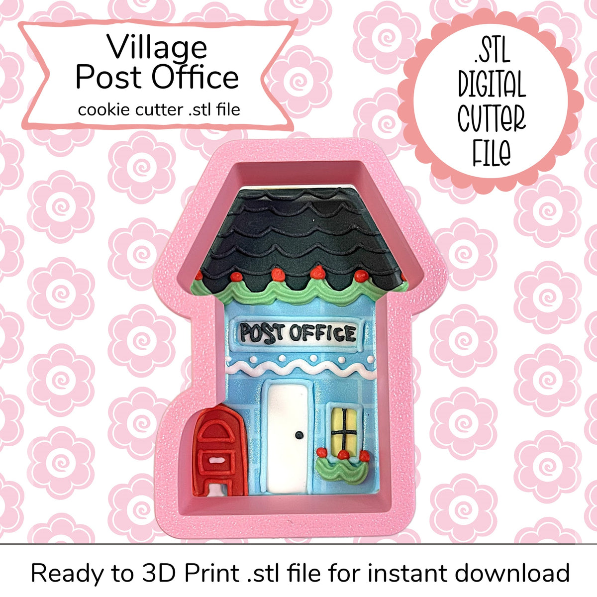 Pink silicone village post office cookie cutter with blue facade black shingled roof red mailbox and white door