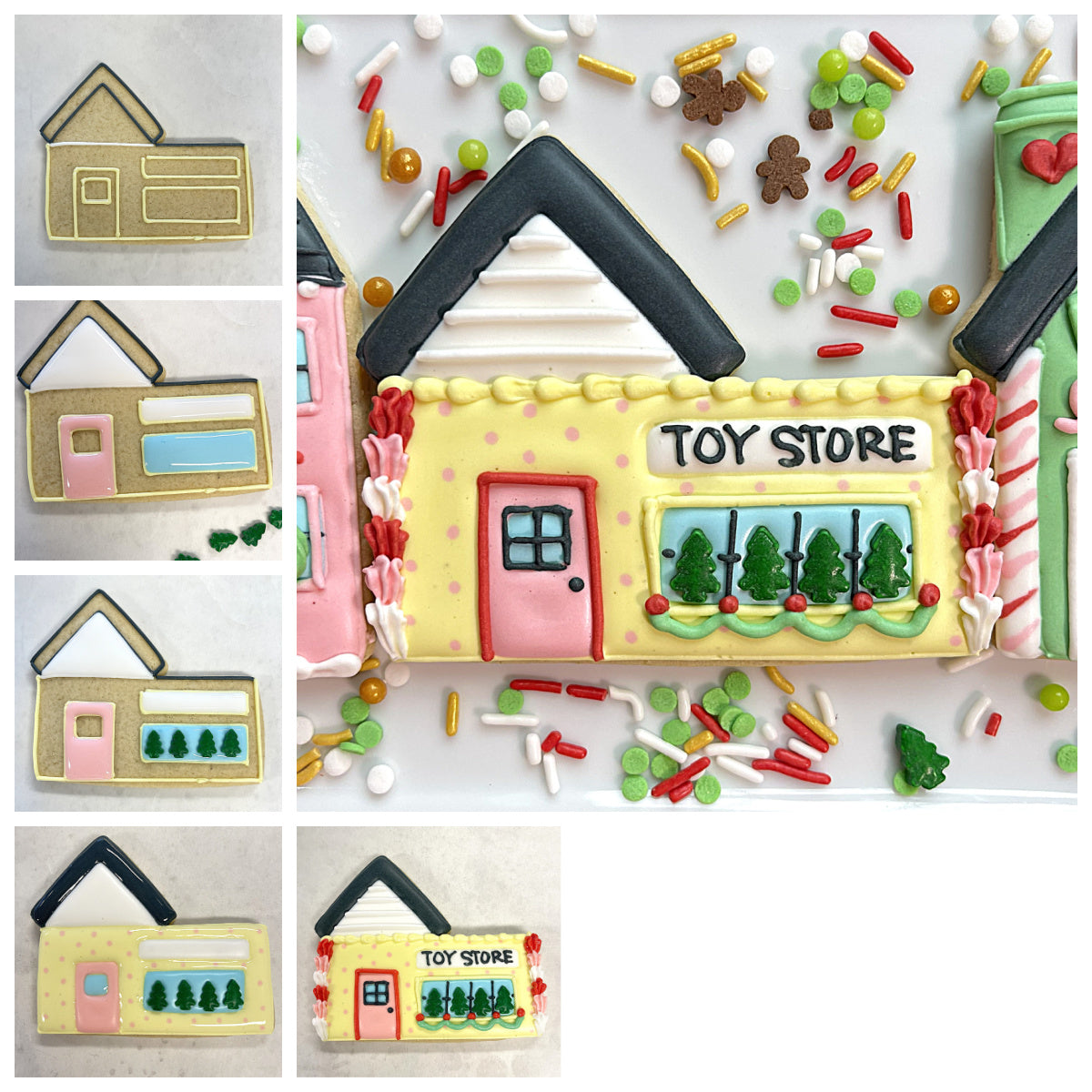 Village toy store cookie cutter shaped like a whimsical yellow cookie with pink door and candy cane decorations