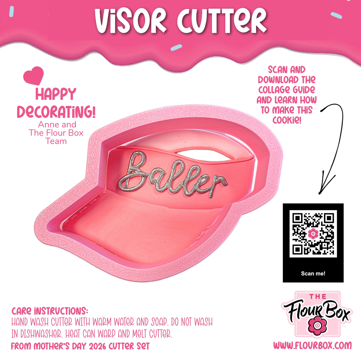 Pink visor cookie cutter with silver glitter baller lettering designed for baking and decoration use