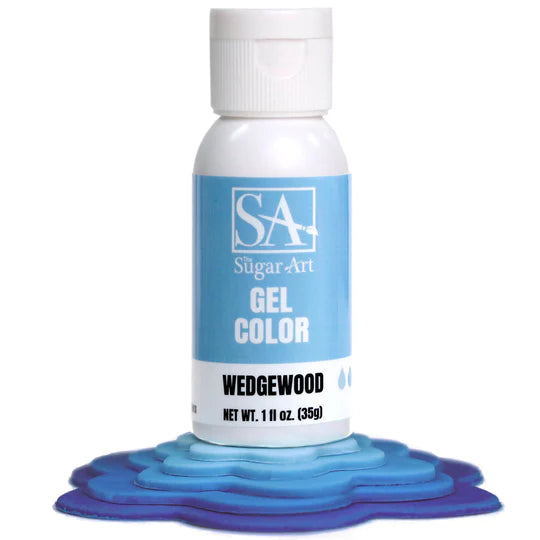 A small white bottle of wedgewood blue sugar art gel color with a light blue label and white cap for decorating