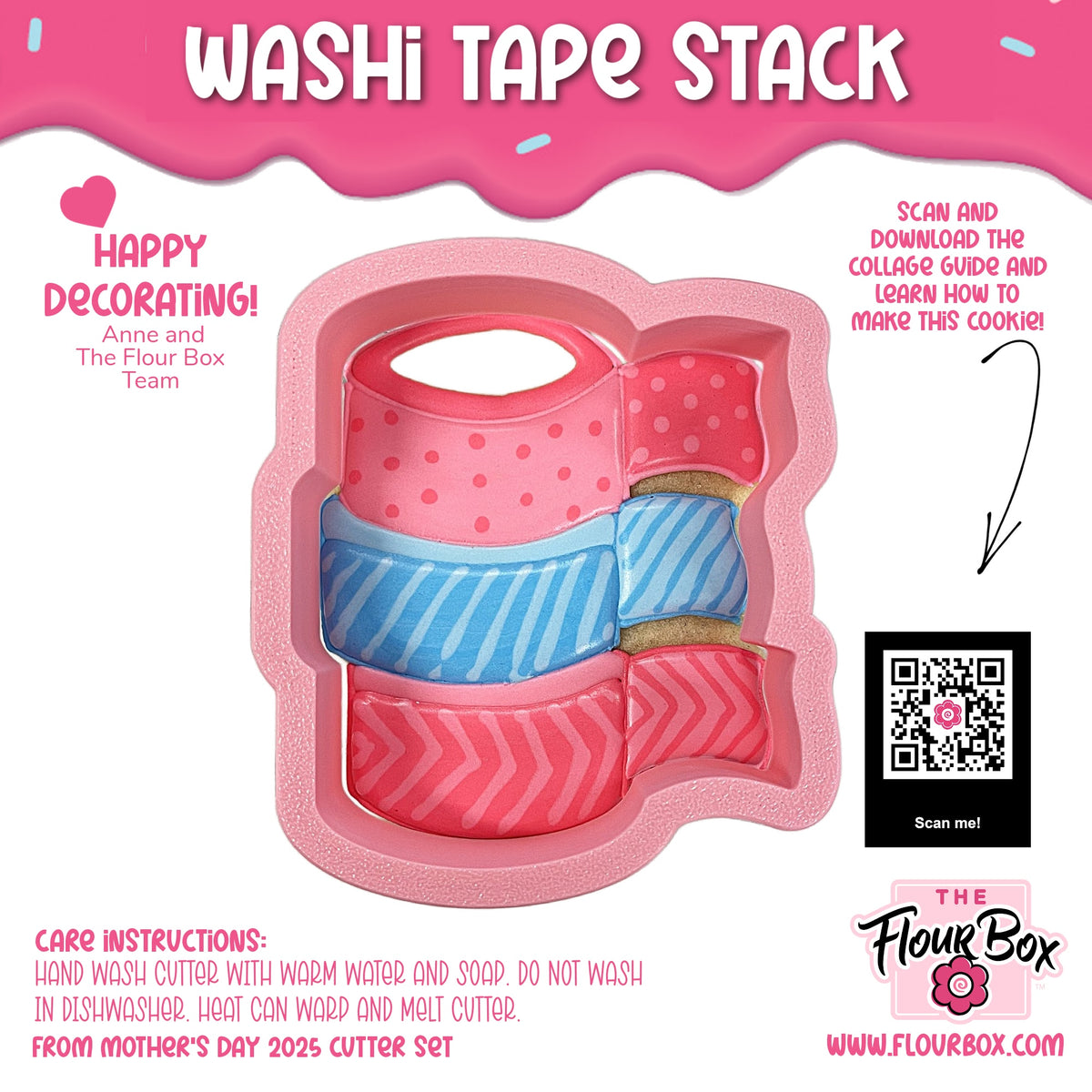 Washi tape stack cookie cutter in pink silicone mold holding pink blue and red washi tape rolls