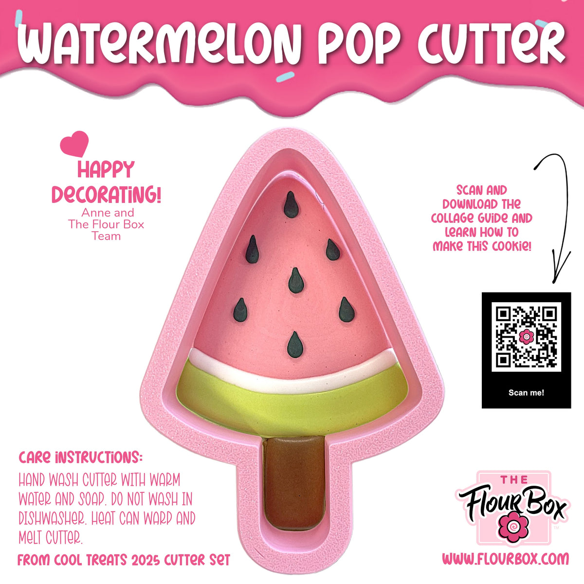 Pink watermelon pop cookie cutter in plastic with green rind and black seeds designed to look like a popsicle