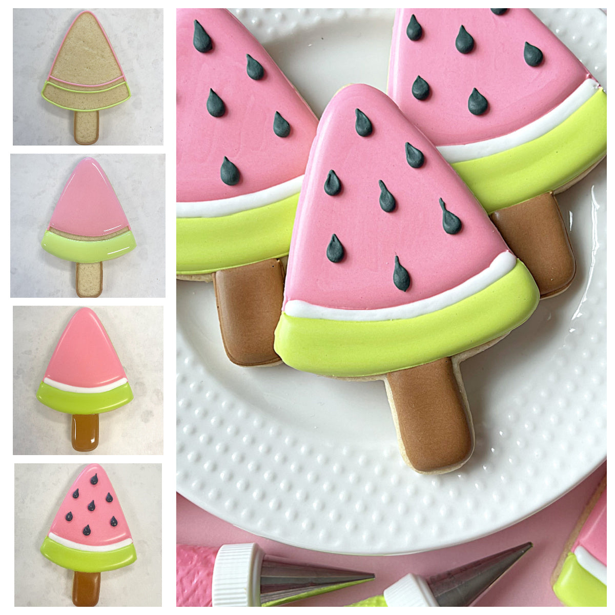 Pink and lime green watermelon popsicle-shaped cookies with black seed details made using watermelon pop cookie cutter
