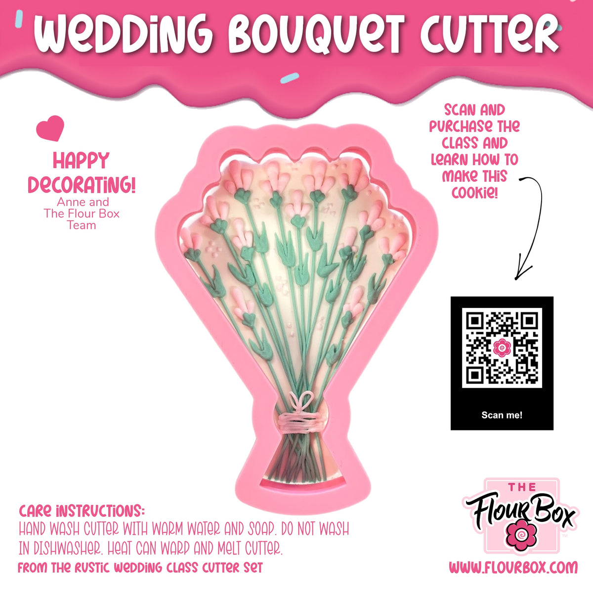Wedding bouquet cookie cutter made of pink silicone shaped like a floral arrangement with green stems and pink blossoms