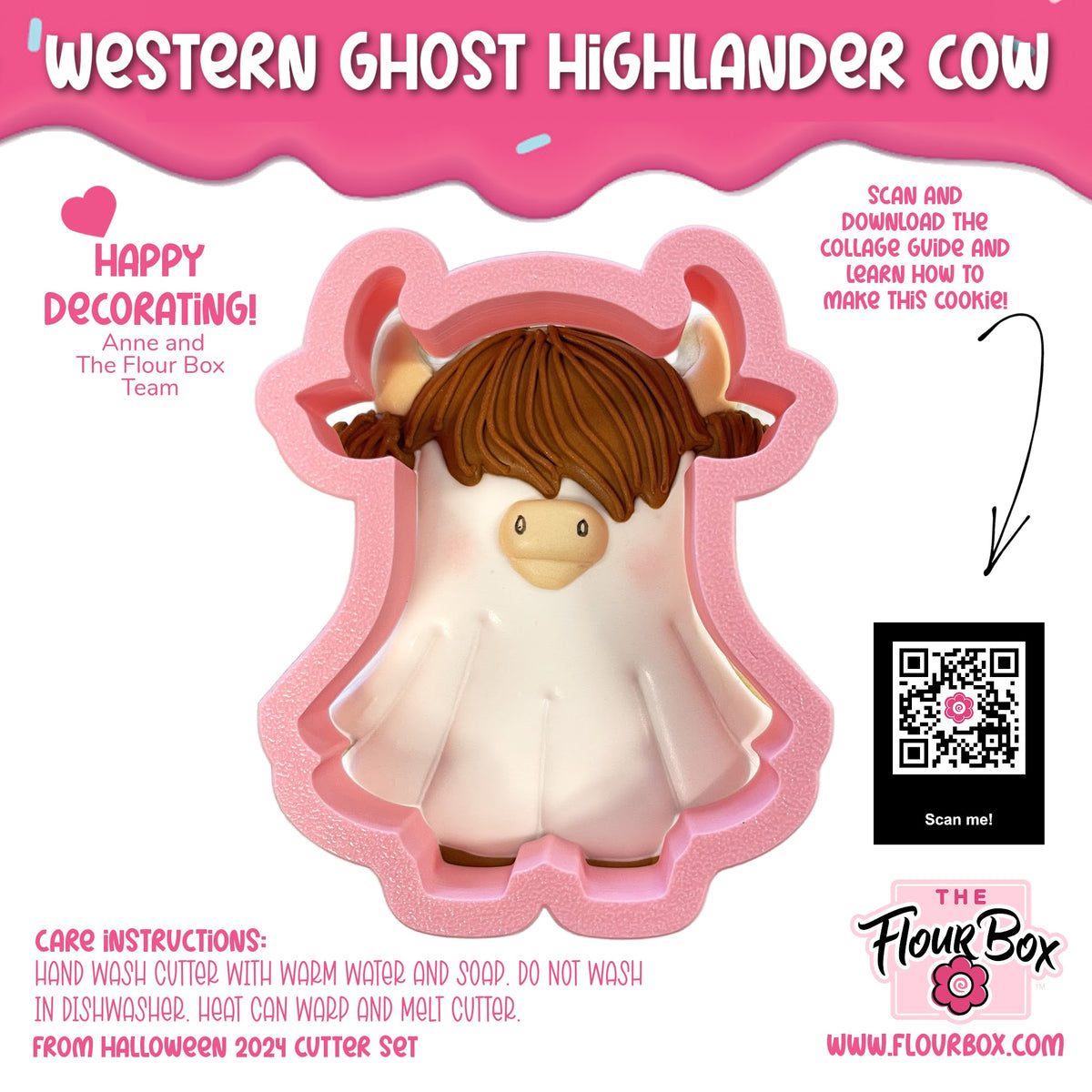 Pink silicone cookie cutter shaped like a western ghost highlander cow with brown hair and white ghostly outfit
