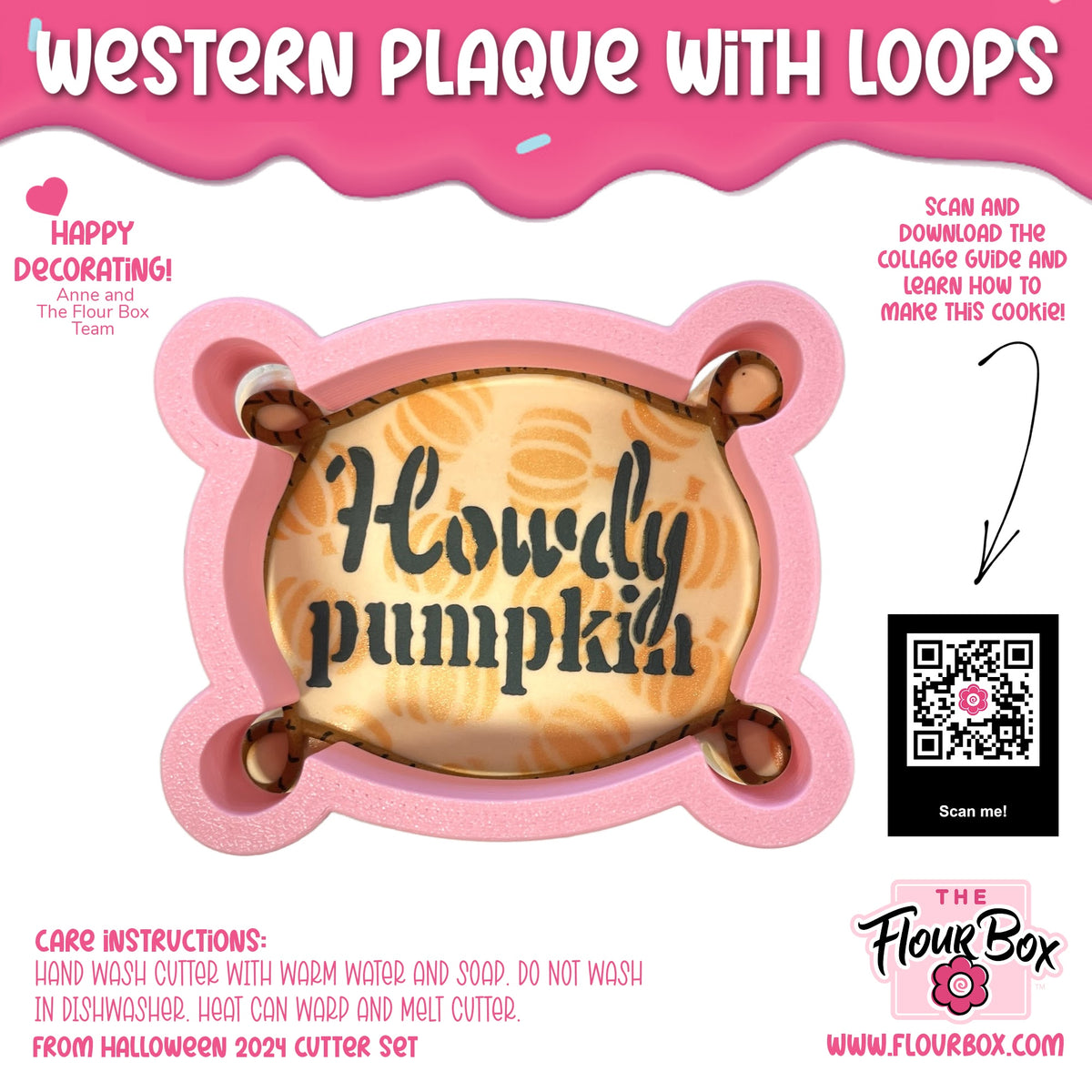 Pink silicone western plaque with loops cookie cutter with stencil for howdy pumpkin cookies