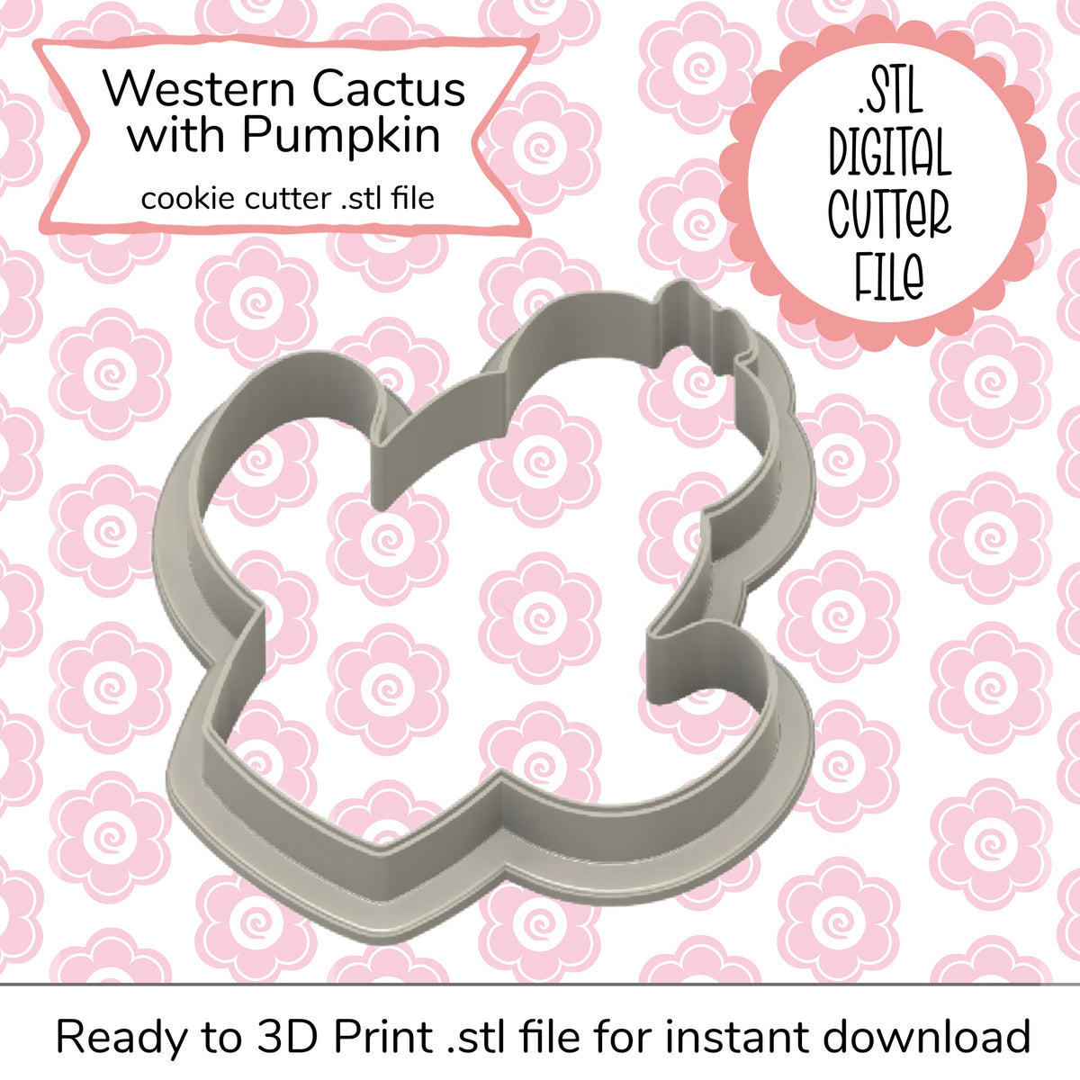 Gray metallic cookie cutter shaped like a western cactus with pumpkin for baking from digital stl file