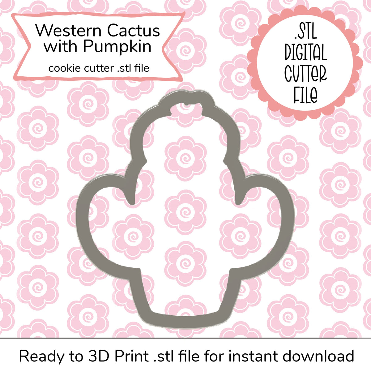 Gray metallic western cactus with pumpkin cookie cutter digital STL file for baking and crafting projects