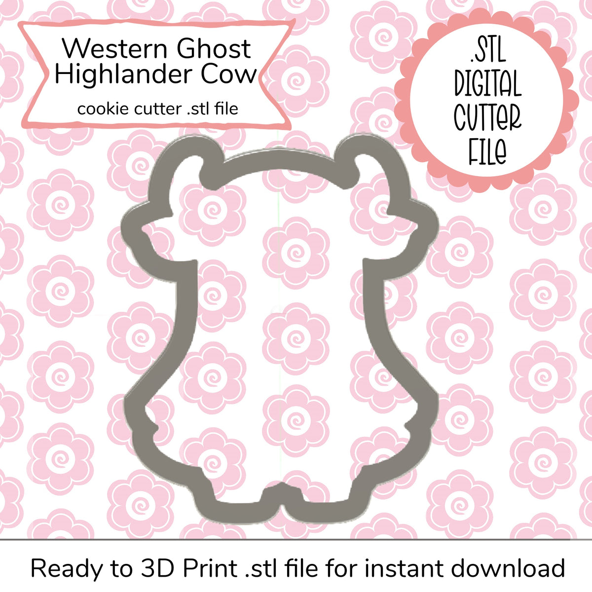 Gray western ghost highlander cow cookie cutter digital stl file for 3d printing in western ghost highlander cutter set