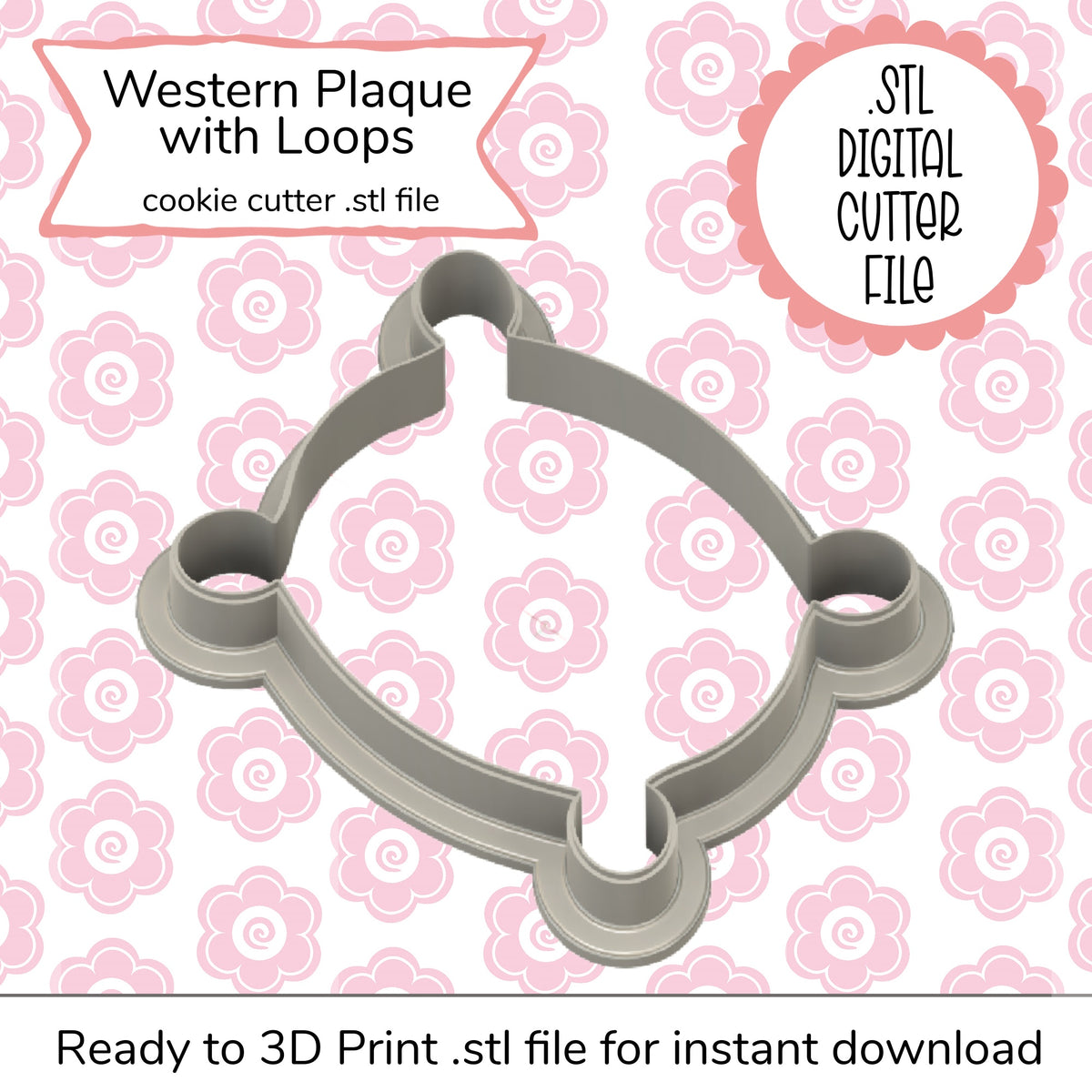 Gray plastic cookie cutter shaped like a western-style plaque with decorative loops for baking crafts