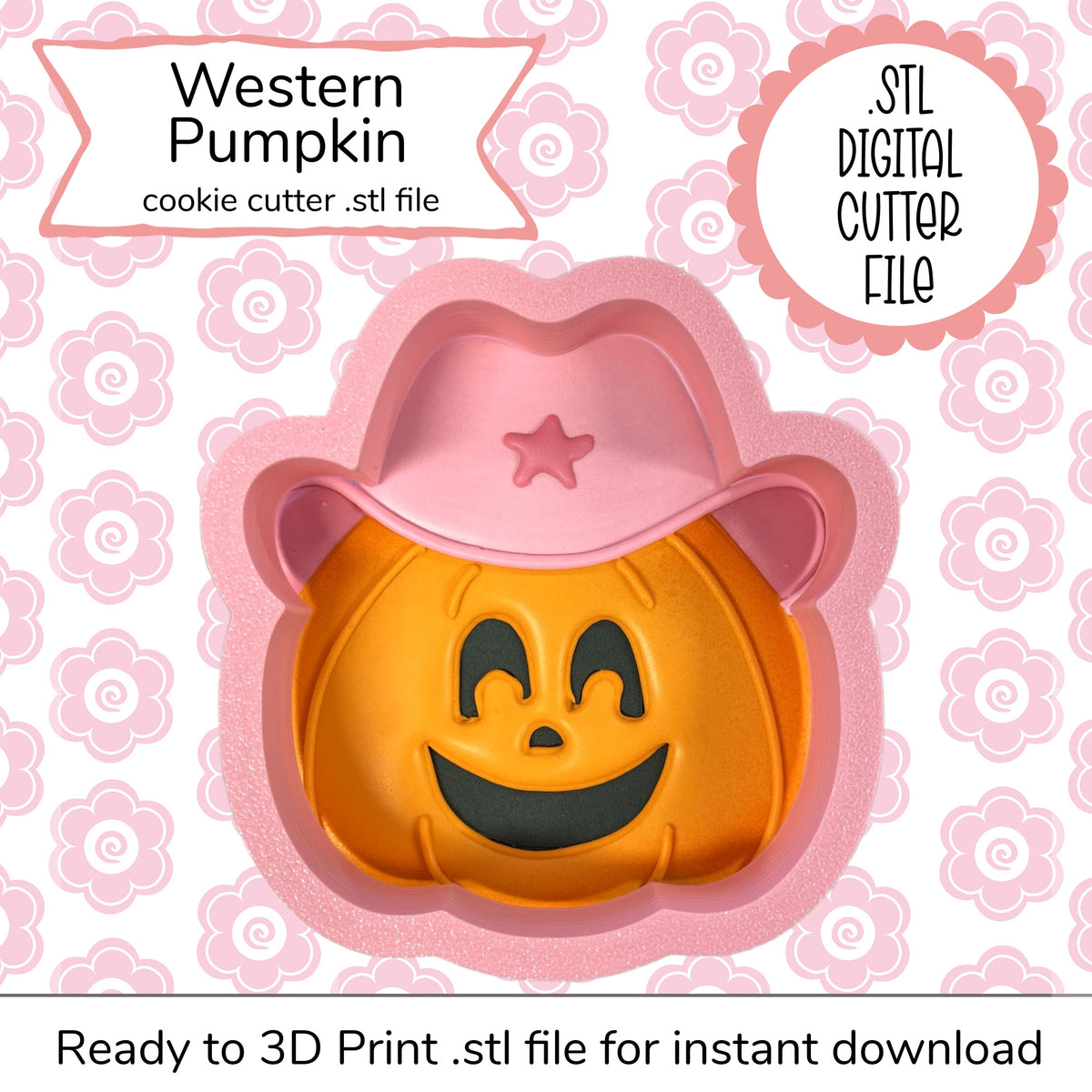 Western pumpkin STL cutter file featuring orange pumpkin cookie cutter with black face and pink cowboy hat with star