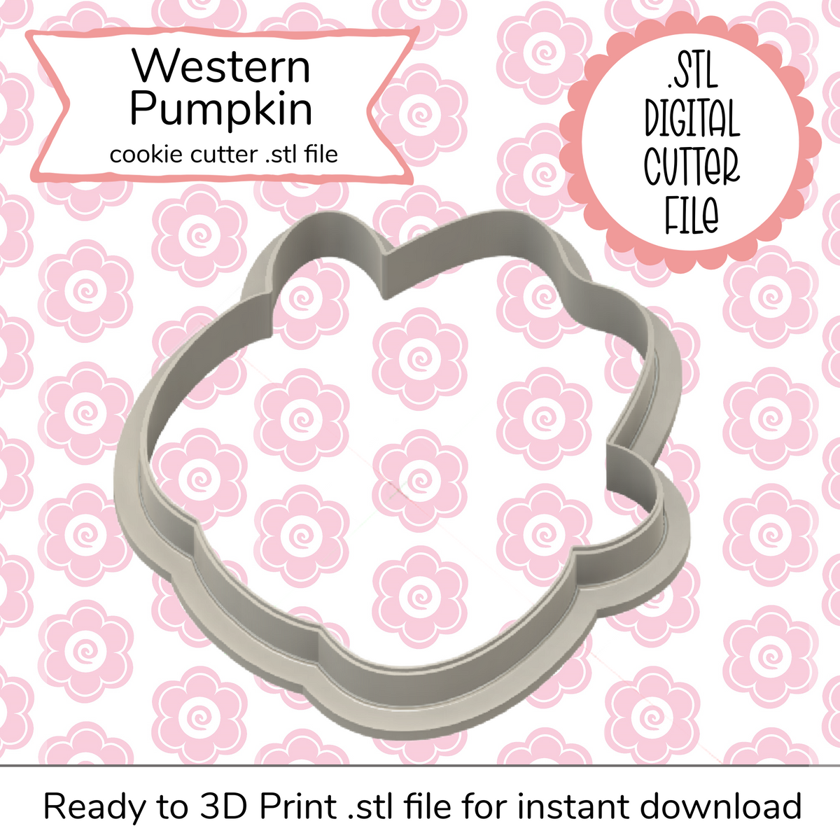 Gray metallic western pumpkin cookie cutter with scalloped pumpkin-shaped outline for digital STL file use