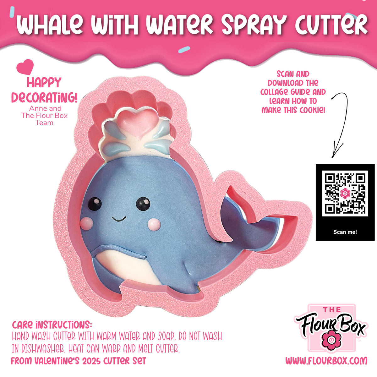 Whale with water spray cookie cutter made of pink silicone shaped like a blue whale with white belly and heart crown