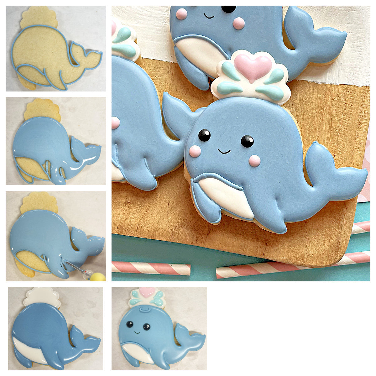 Blue and white decorated whale-shaped cookies with pink accents made using whale with water spray cookie cutter