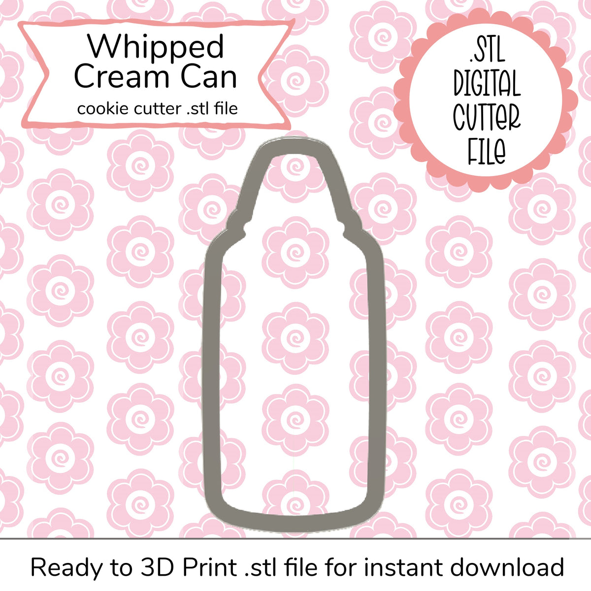 Gray metal cookie cutter shaped like a whipped cream can for the whipped cream can cutter STL file digital file