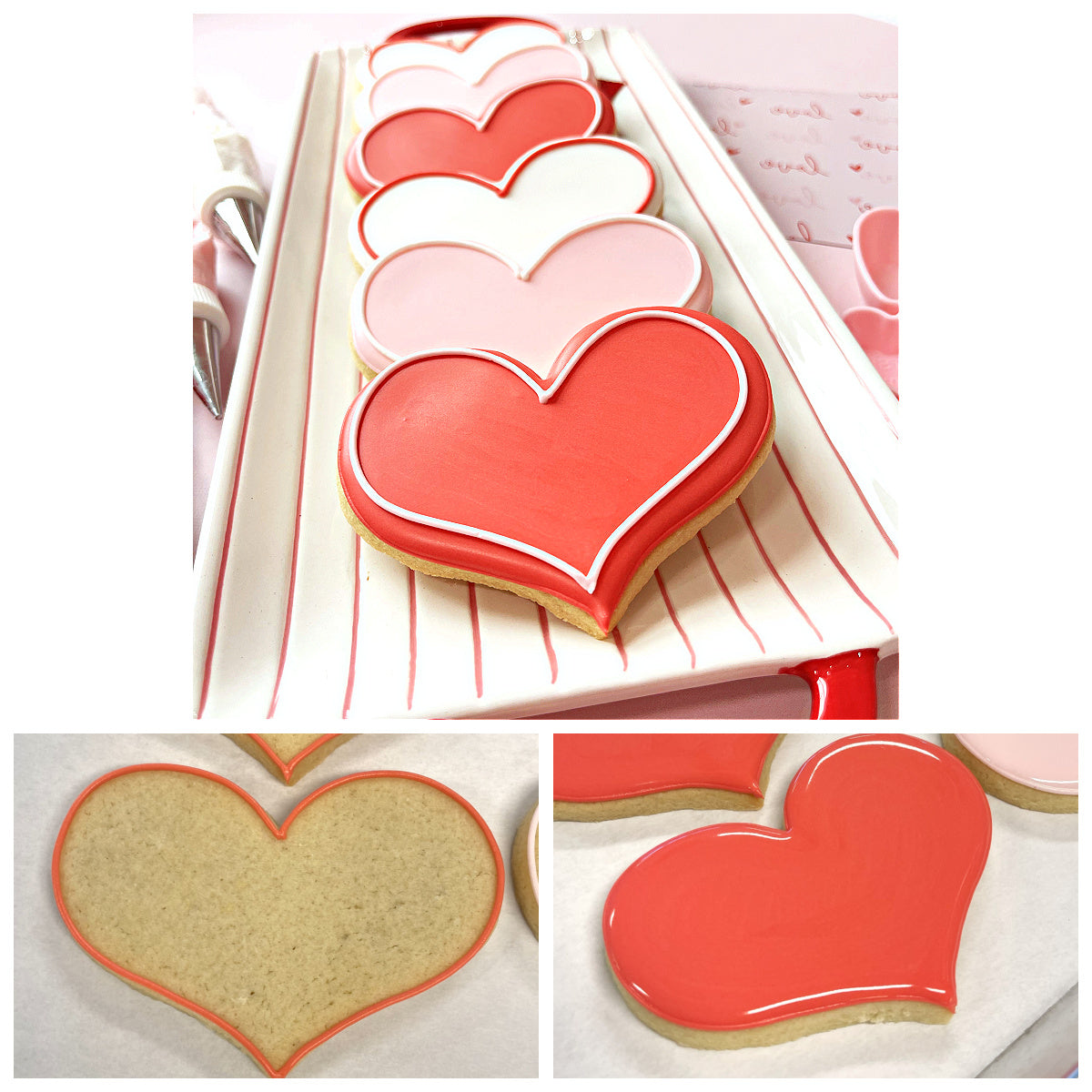 A row of heart-shaped sugar cookies decorated with smooth red icing and white outline for latte heart cookie cutter bundle