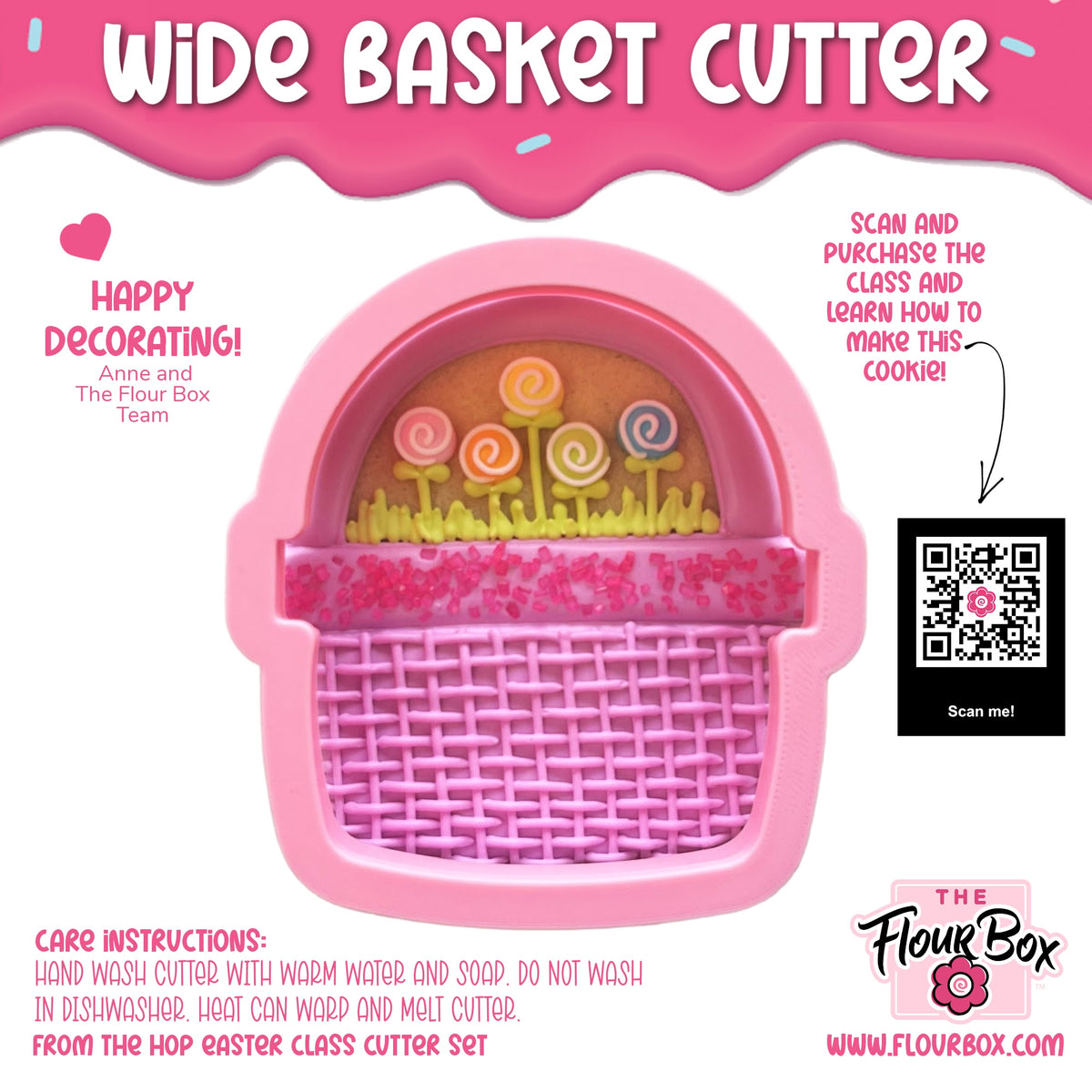 Pink plastic wide basket cookie cutter with woven texture and decorative lollipop-shaped cutouts inside