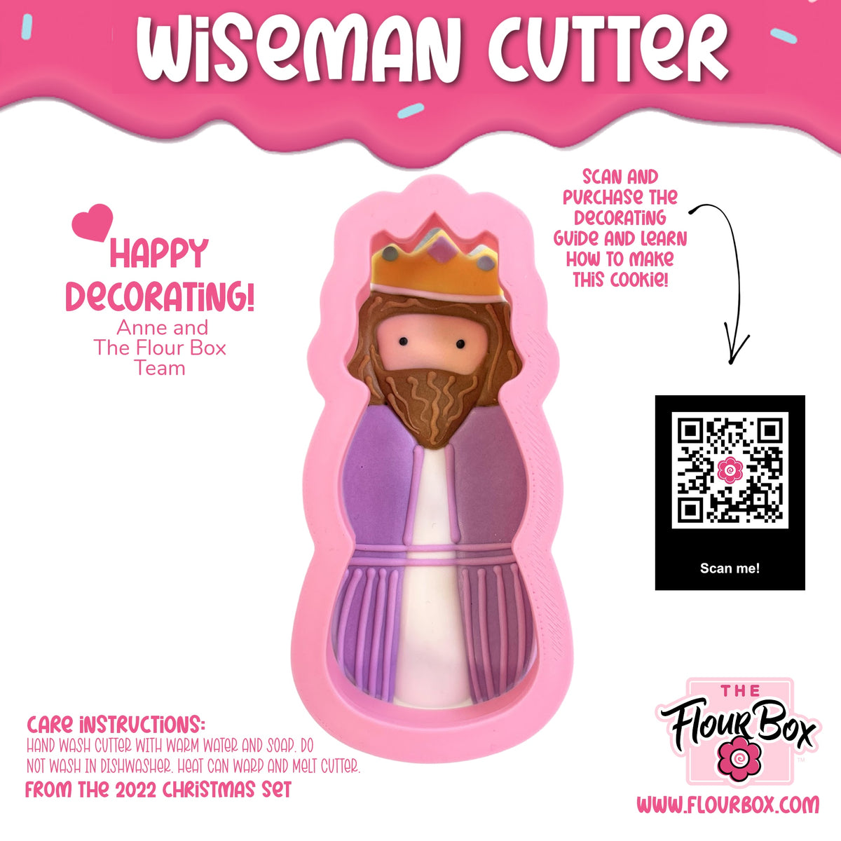 Pink silicone wiseman cookie cutter with gold crown purple robe and brown beard for baking and decorating