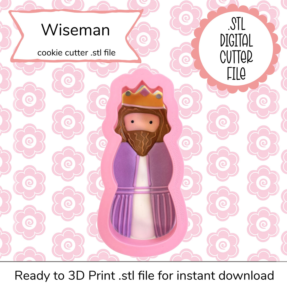 Pink silicone wiseman cookie cutter with gold crown and purple robe digital STL file for Christmas baking designs