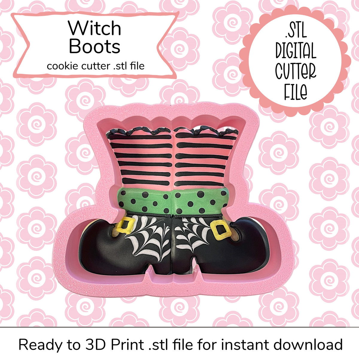 Pink silicone witch boots cookie cutter with black green striped upper polka dot belt and spiderweb lower section