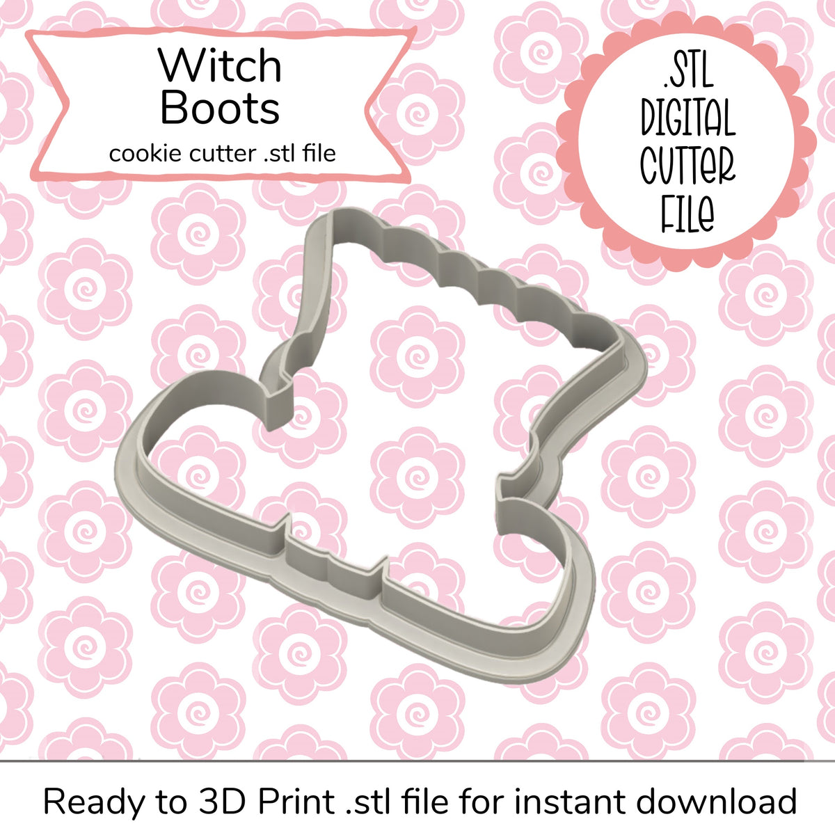 Gray plastic witch boots cookie cutter with scalloped edges and hollow interior for witch boots cutter STL file digital design