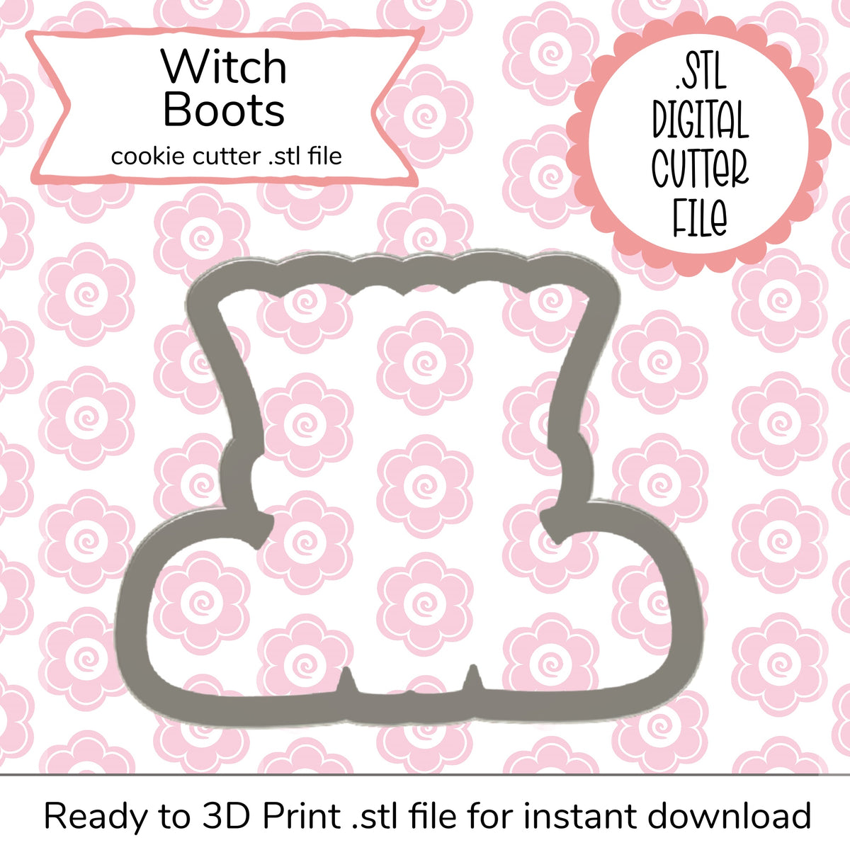 Gray 3d printable witch boots cookie cutter stl file designed for Halloween themed baking and crafts