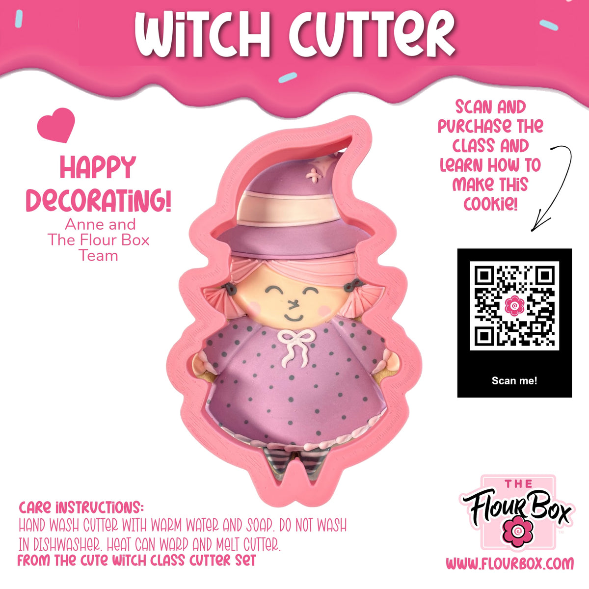 Pink silicone witch cookie cutter with purple hat polka dot dress and striped leggings for baking
