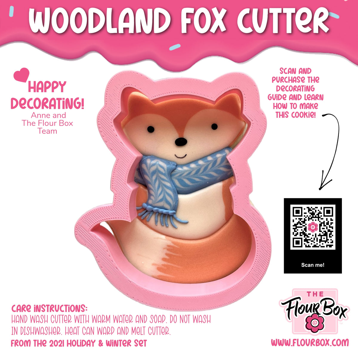 Pink woodland fox cookie cutter with orange and beige details and blue scarf design for baking and crafts