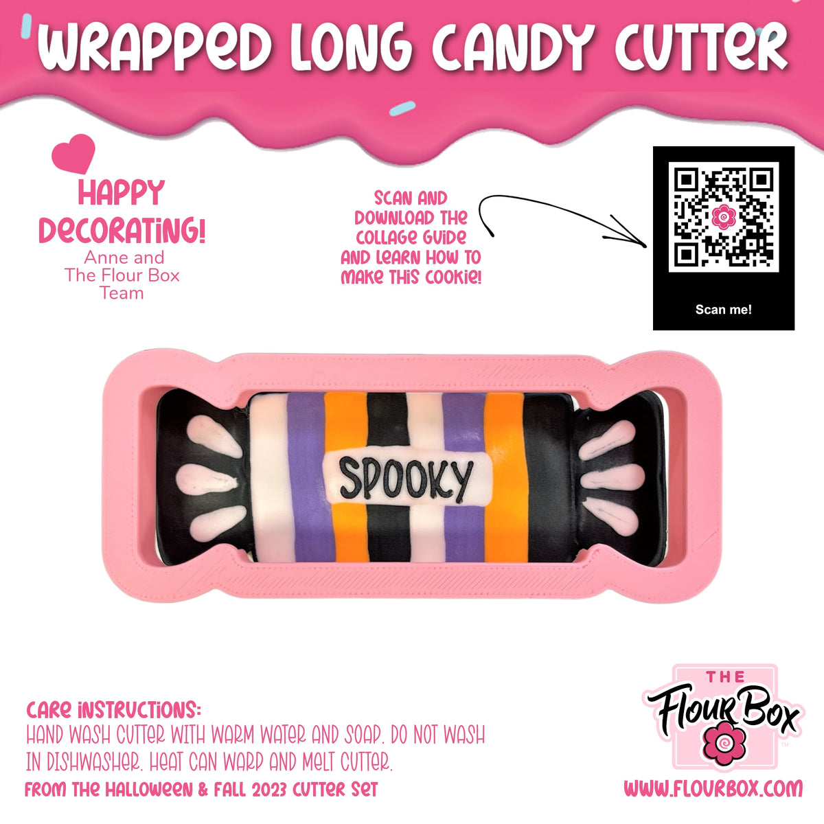 Pink silicone wrapped long candy cookie cutter with spooky black lettering and black white purple orange stripes design