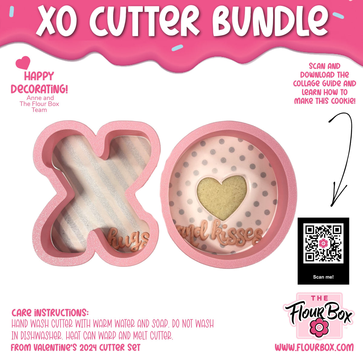 Pink silicone xo cookie cutter bundle with x and heart shapes featuring gold foil hugs and kisses lettering