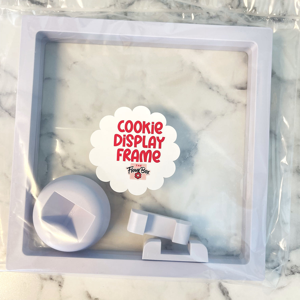 Light purple plastic cookie display xxl square frame 7 inch with clear acrylic front and marble patterned interior
