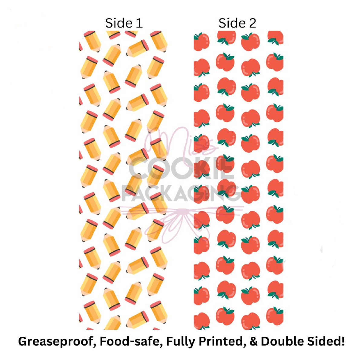Double-sided greaseproof food-safe apples pencils cookie bag backer card with yellow pencils and red apples pattern