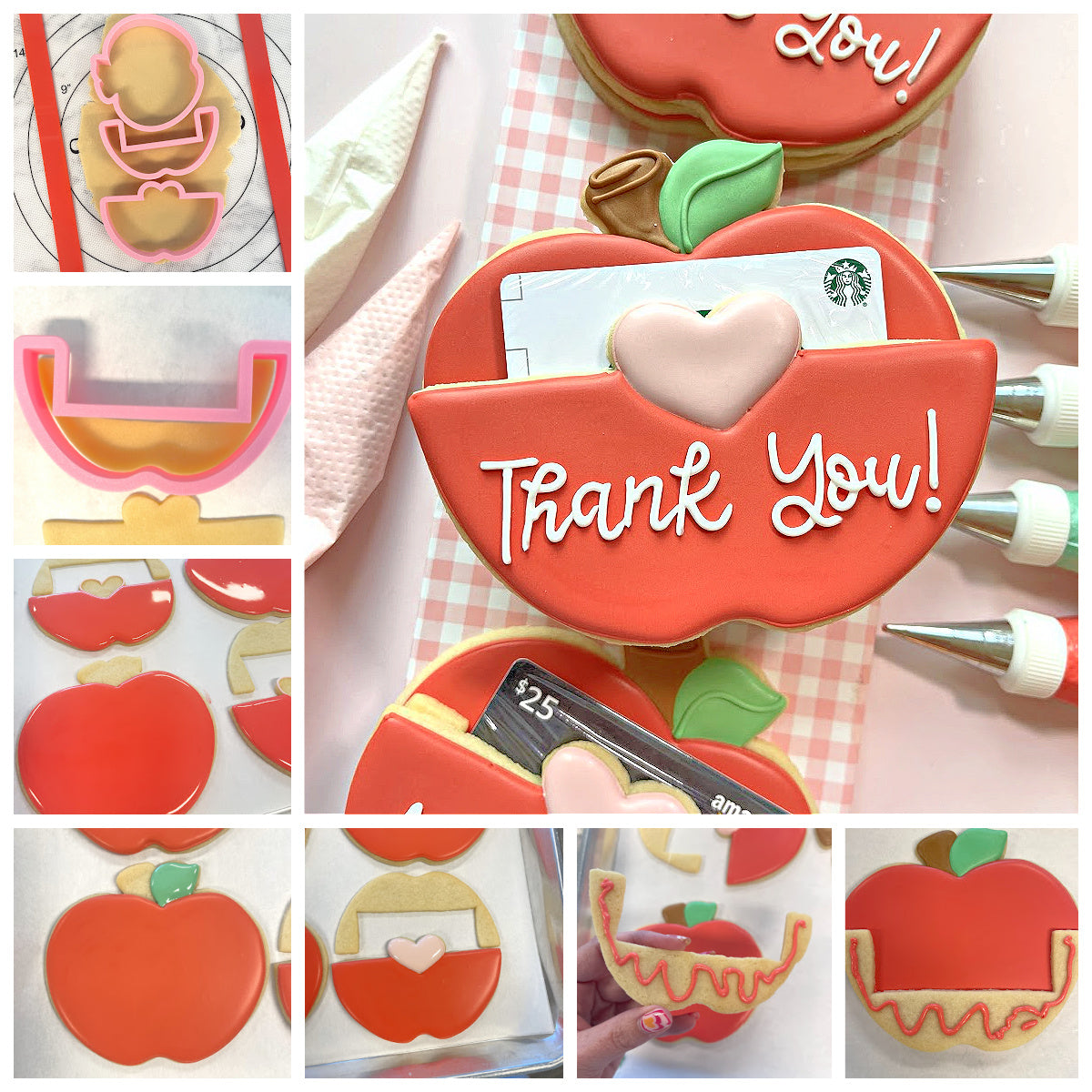 Red apple shaped cookie gift card holder with heart cutout and thank you icing from 3pc apple gift card holder cookie cutter set