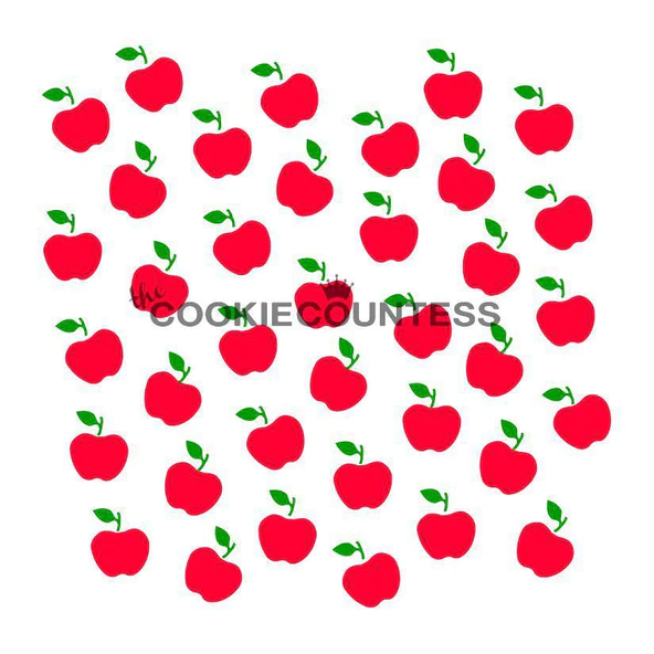 Red apple decals with green stems scattered on white background from fall stencil bundle for seasonal decoration