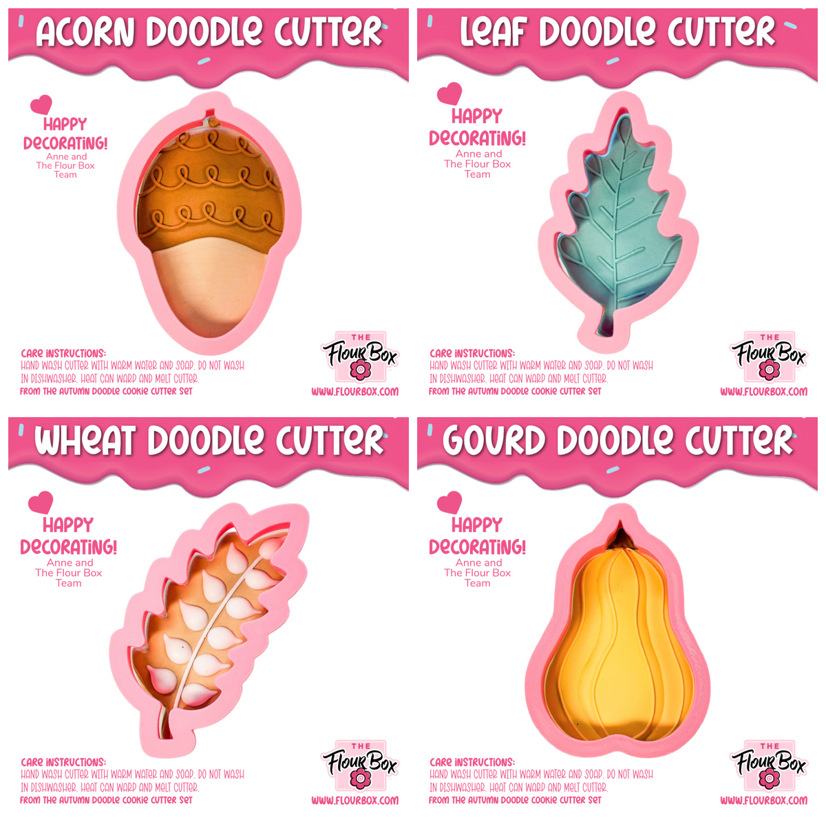 Set of four autumn doodle silicone cookie cutters in brown teal tan and yellow shaped like acorn leaf wheat stalk and gourd