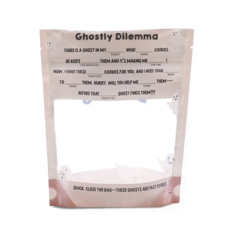 Pink ghost-themed boo cookie bag set of 10 with clear window and fill-in-the-blank game text for halloween treats