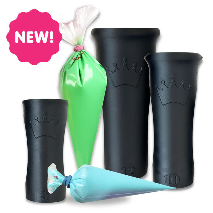 Set of 3 black silicone piping bags with crown embossing and numbered capacity markings for piping bag holder bundle