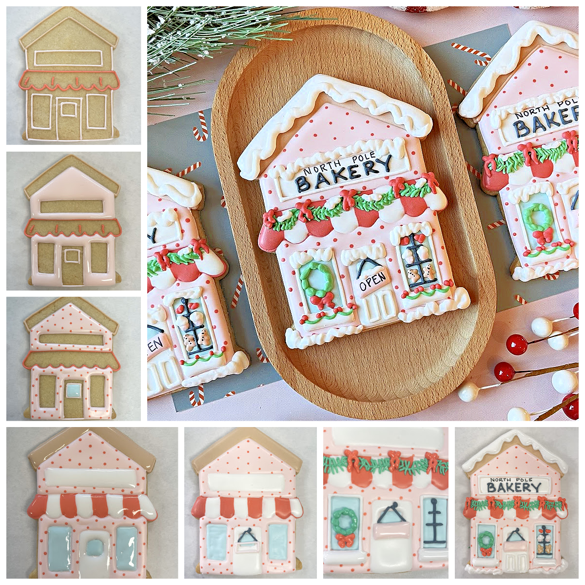 Bakery cookie cutter shaped pink and white north pole bakery cookie with festive icing details for holiday baking