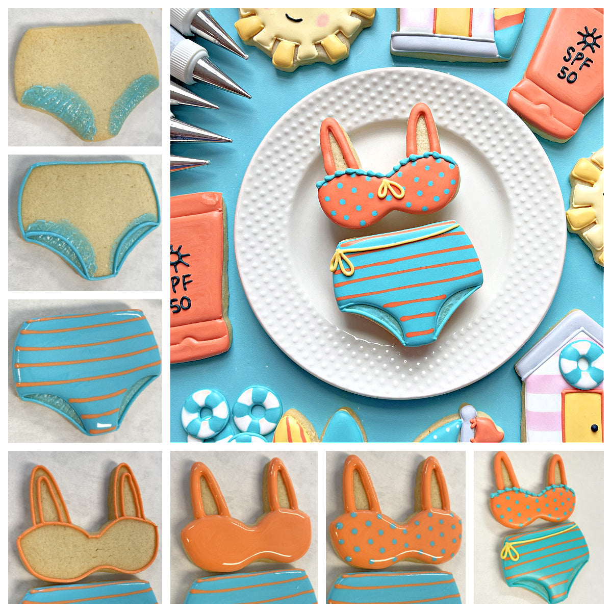 A vibrant orange and turquoise polka-dotted bikini top cookie with yellow ribbon from high waist bikini 2pc cookie cutter set
