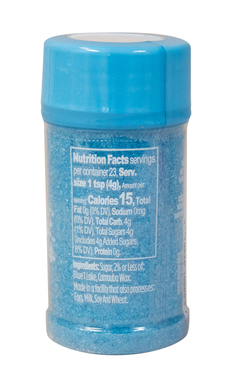 A translucent blue cylindrical jar with a bright blue lid filled with sparkling blue sanding sugar small sprinkle jar