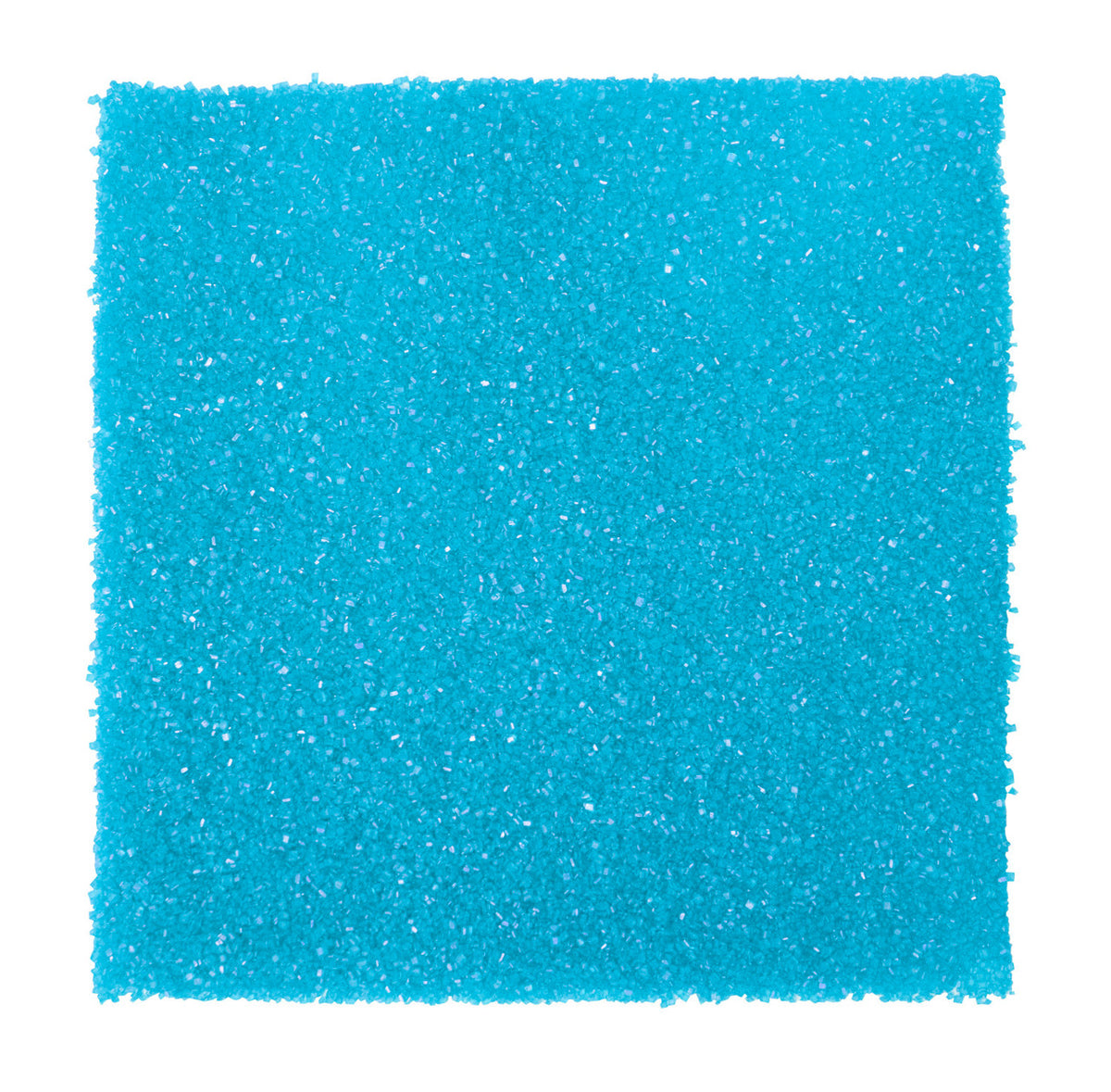 Bright turquoise glittery sugar in a small blue sanding sugar sprinkle jar for decorating desserts