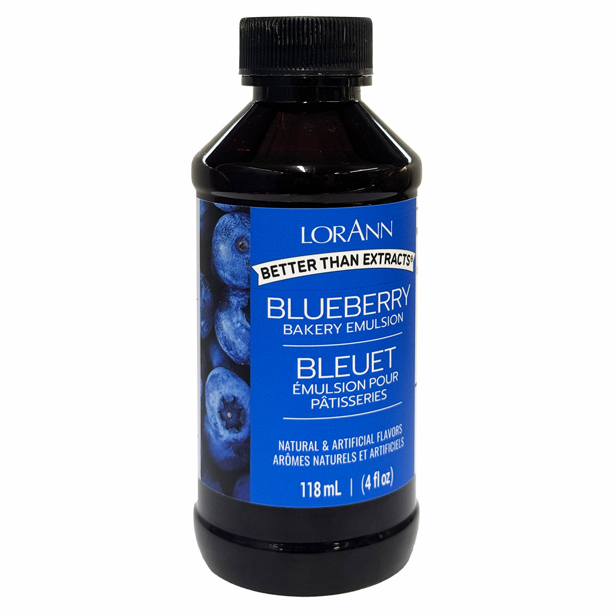 Blueberry lorann baking emulsion in a 4 oz dark amber bottle with black ribbed cap and blue label featuring fresh blueberries