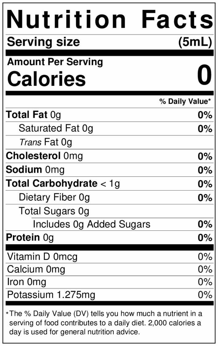 Black and white nutrition facts label on the back of blueberry lorann baking emulsion 4 oz for 5ml serving size