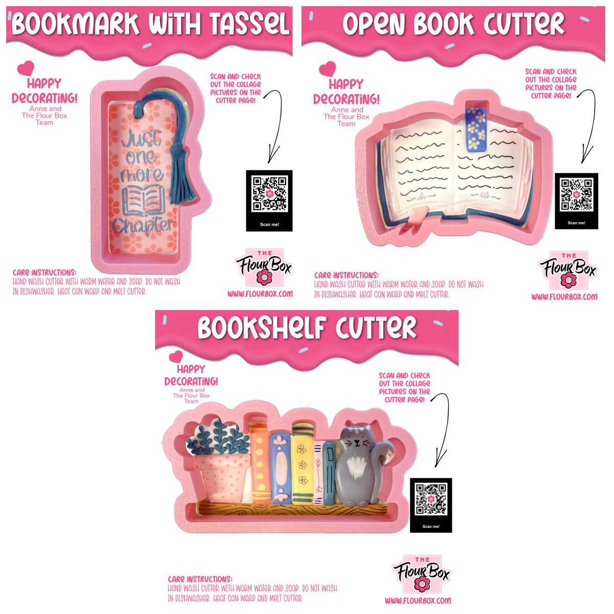 Pink silicone bookmark-shaped mold with tassel open book and bookshelf design in bookish cookie cutter bundle with stencil