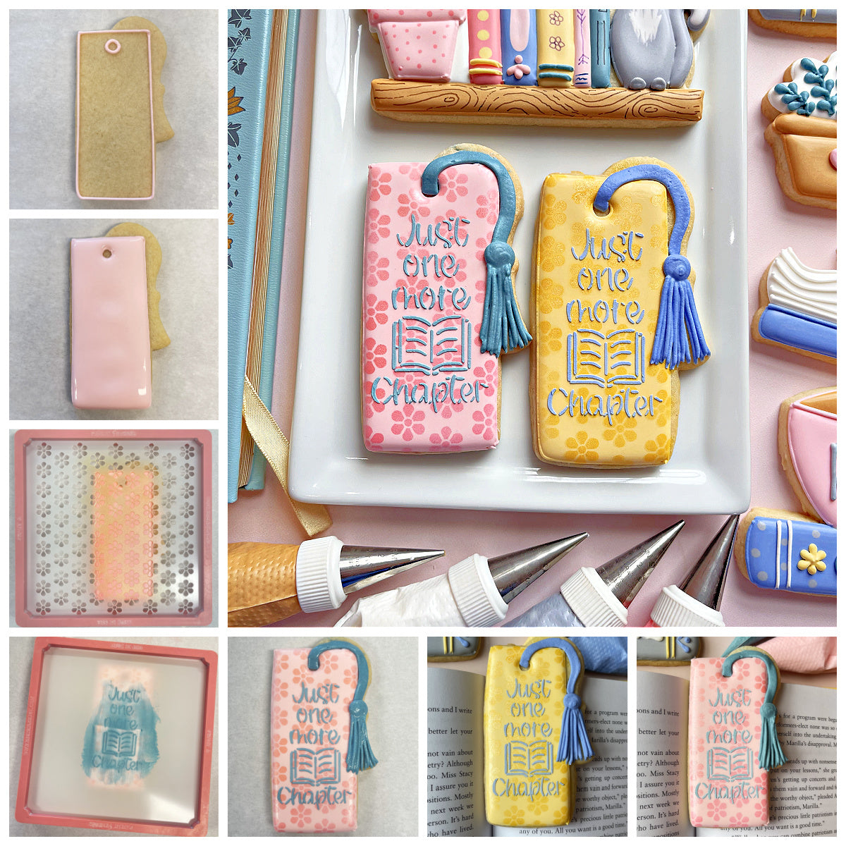 Pink and yellow sugar cookies shaped like book page bookmarks with blue tassels from bookish cookie cutter bundle with stencil