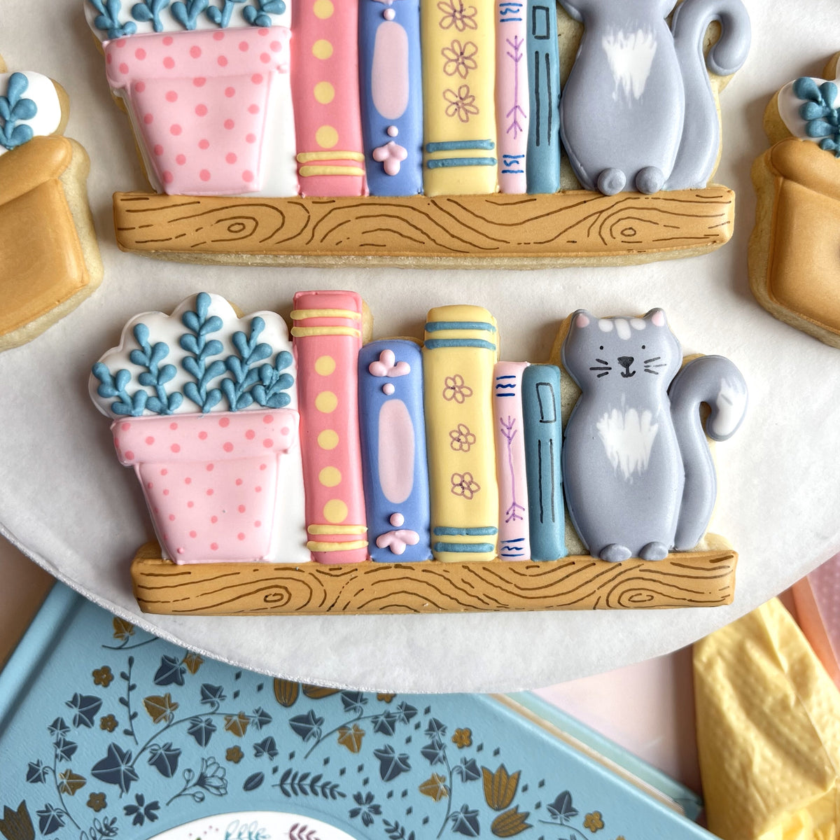Pastel-colored bookshelf sugar cookies with a gray cat figurine and potted plants from bookish cookie cutter bundle with stencil
